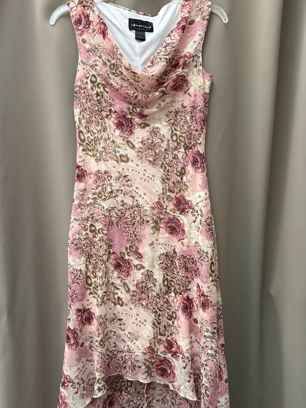 Chaps Pink and Cream Floral Cowl Neck High-Low Dress